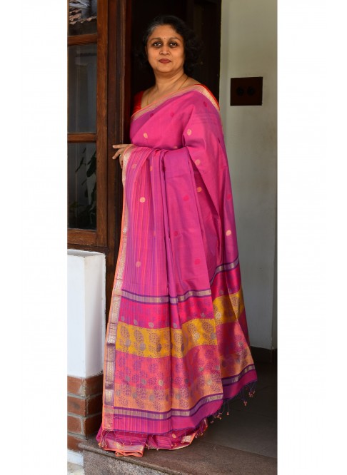 Purplish Pink, Handwoven Organic Cotton, Plain Weave , Jacquard, Work Wear, Jari, Butta Saree
